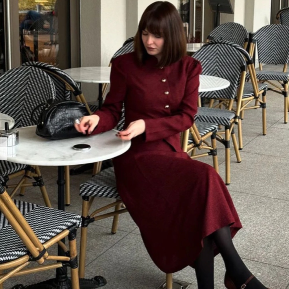 NWT - Burgundy High Waisted tweed skirt and single breasted jacket